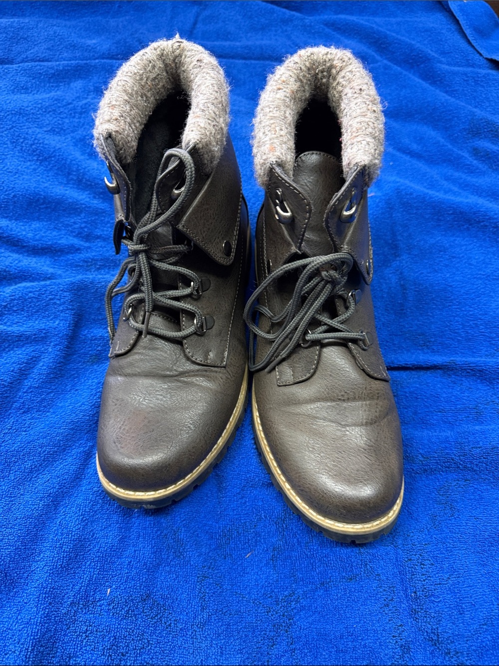 Brown Faux Leather Lace-Up Winter Boot with Shearling Cuff